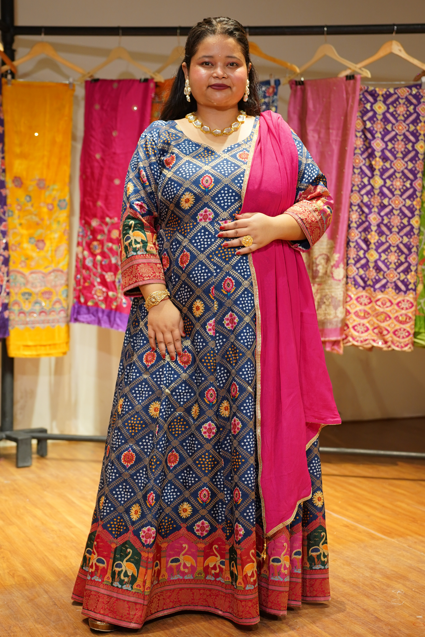 Meghna Blue Silk Dress with Jacquard Weave