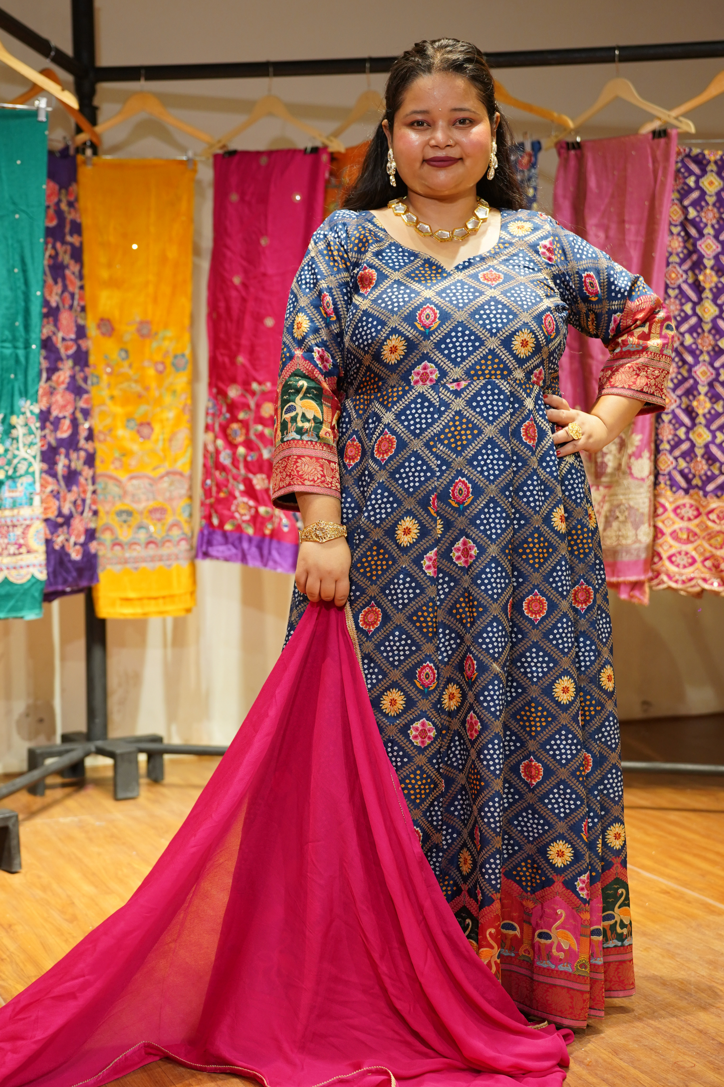 Meghna Blue Silk Dress with Jacquard Weave