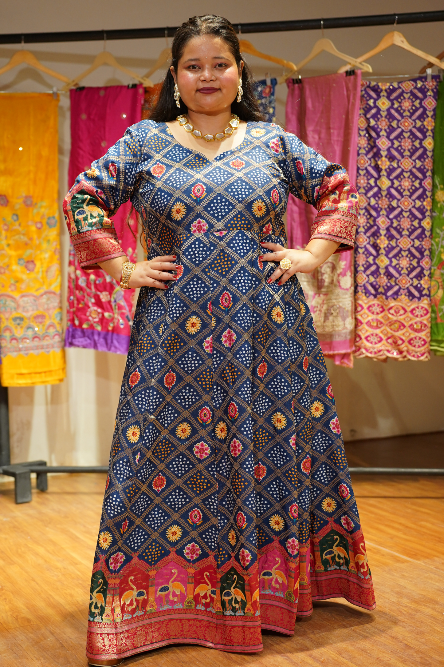 Meghna Blue Silk Dress with Jacquard Weave