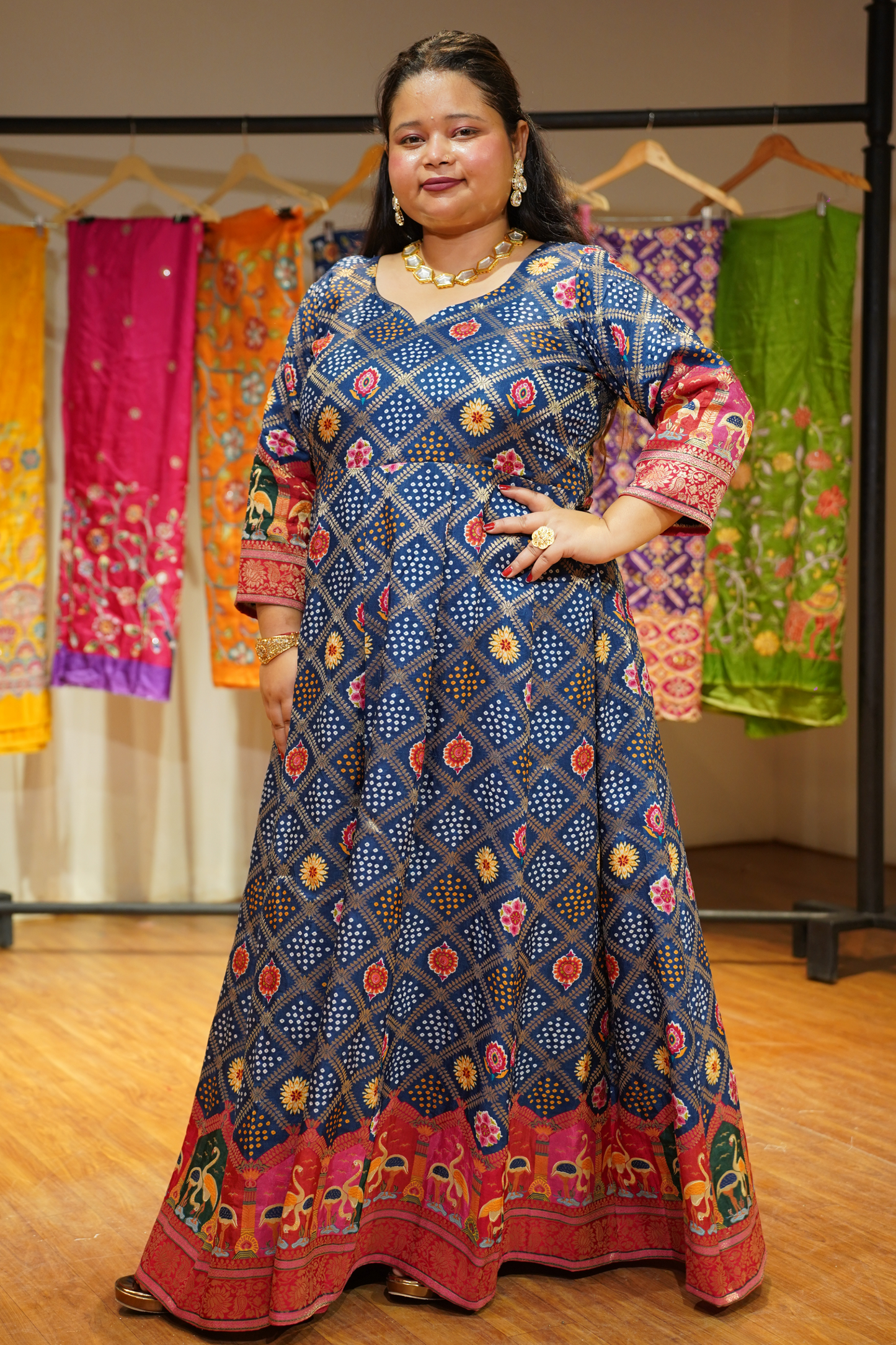 Meghna Blue Silk Dress with Jacquard Weave
