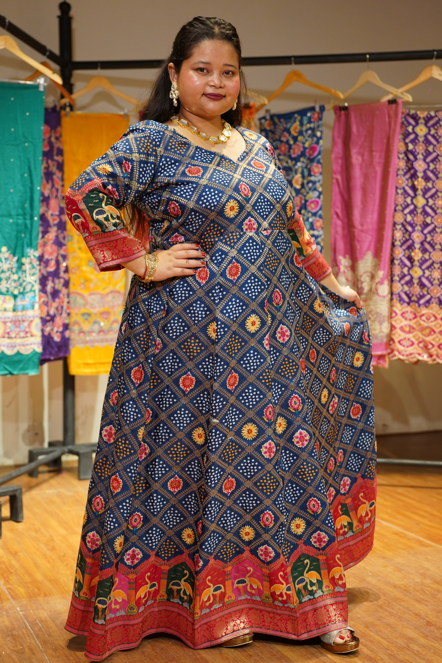 Meghna Blue Silk Dress with Jacquard Weave