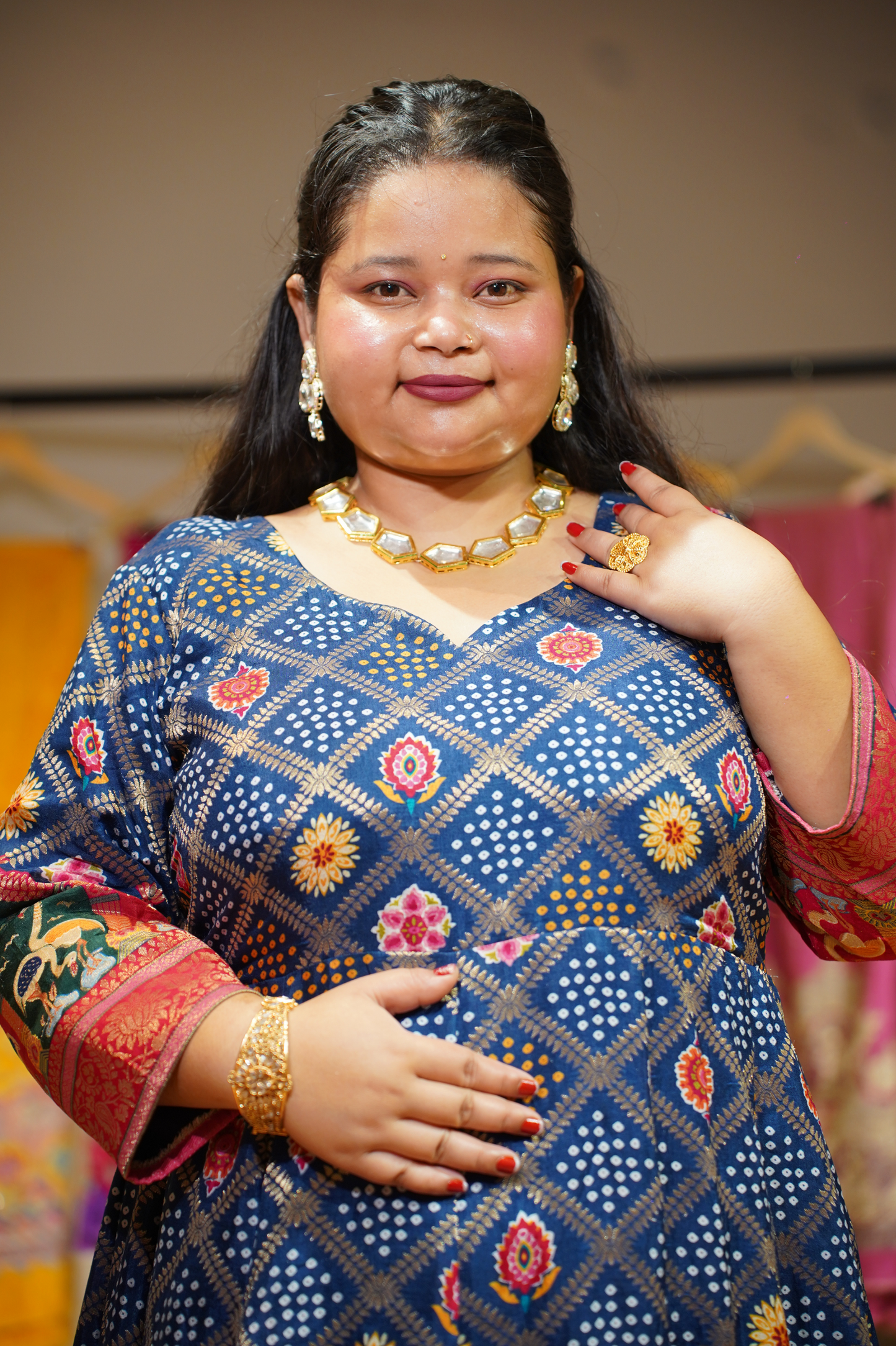 Meghna Blue Silk Dress with Jacquard Weave