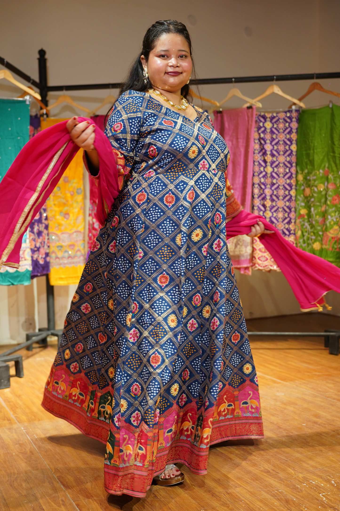 Meghna Blue Silk Dress with Jacquard Weave