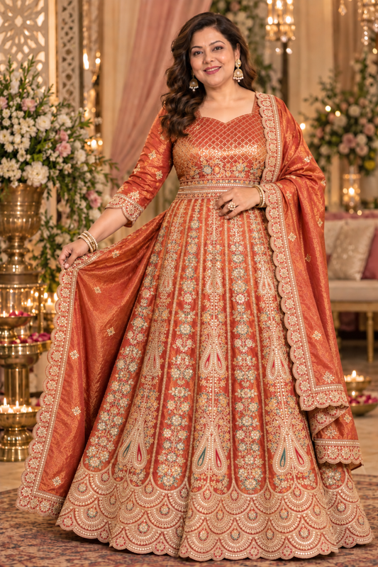 Mehzara Rust Tissue Zari Embroidered Dress