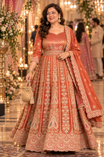 Mehzara Rust Tissue Zari Embroidered Dress