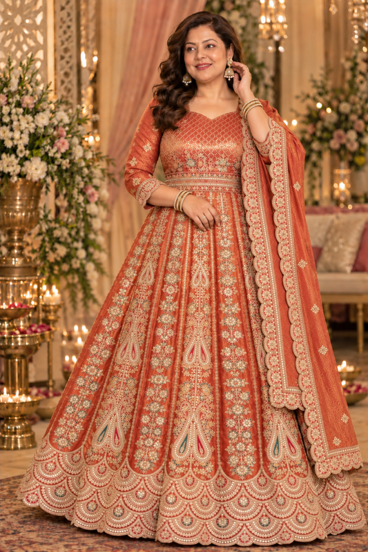 Mehzara Rust Tissue Zari Embroidered Dress