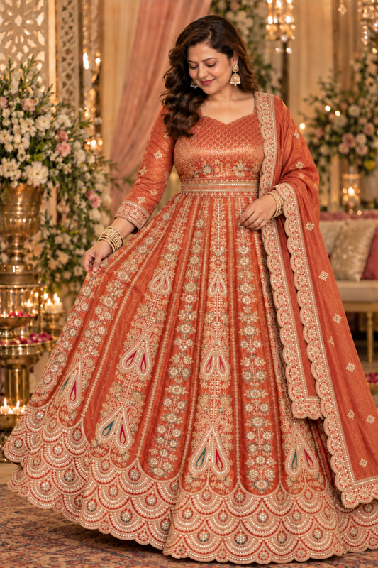 Mehzara Rust Tissue Zari Embroidered Dress
