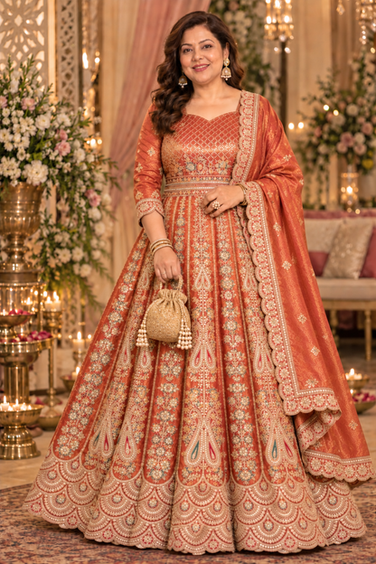 Mehzara Rust Tissue Zari Embroidered Dress