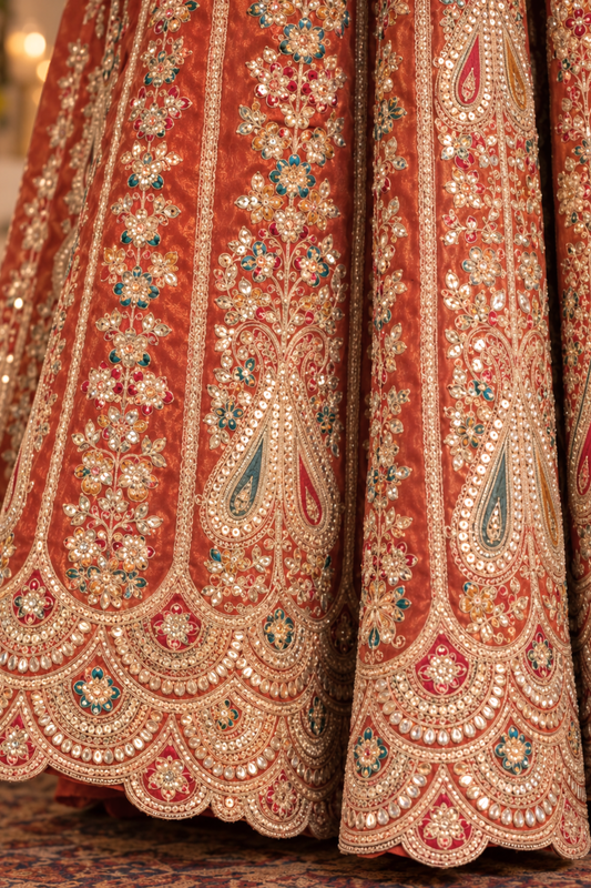 Mehzara Rust Tissue Zari Embroidered Dress