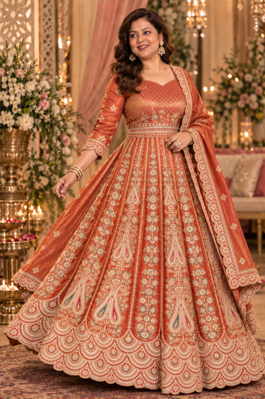 Mehzara Rust Tissue Zari Embroidered Dress