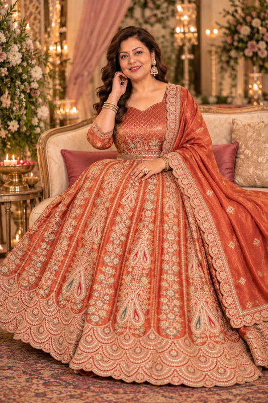 Mehzara Rust Tissue Zari Embroidered Dress