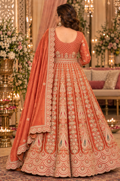 Mehzara Rust Tissue Zari Embroidered Dress