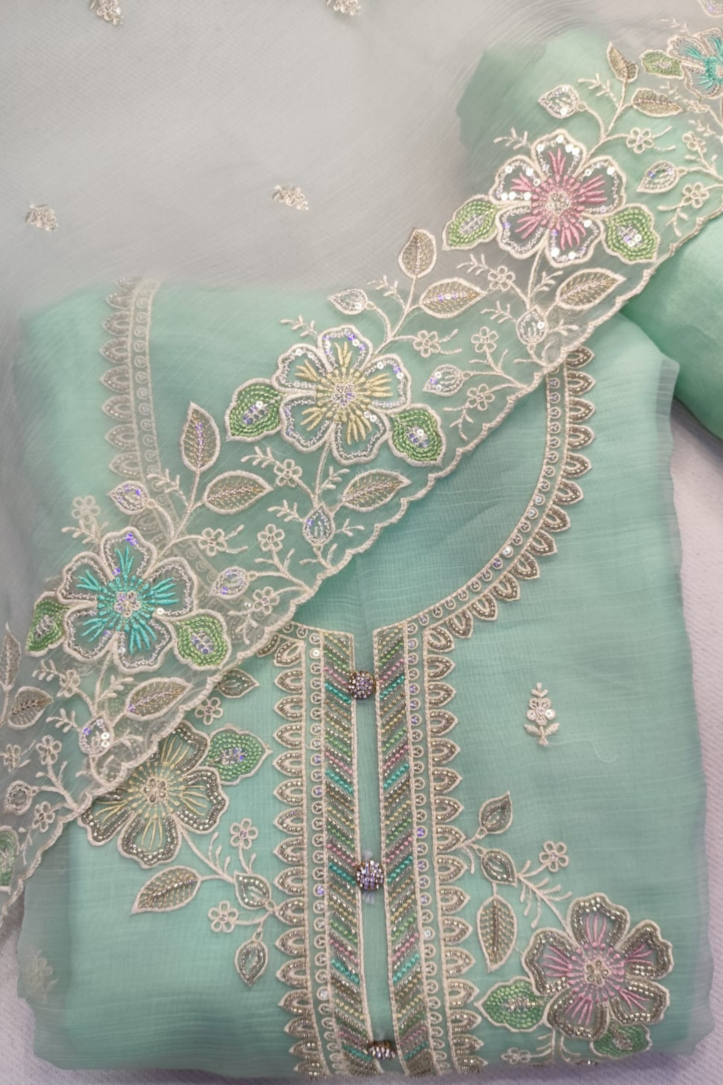 Mint Crushed Organza Suit with Handwork