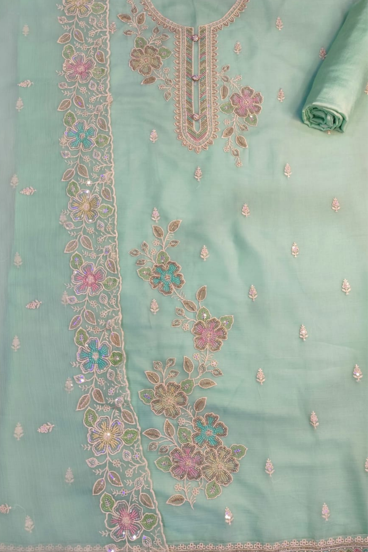 Mint Crushed Organza Suit with Handwork
