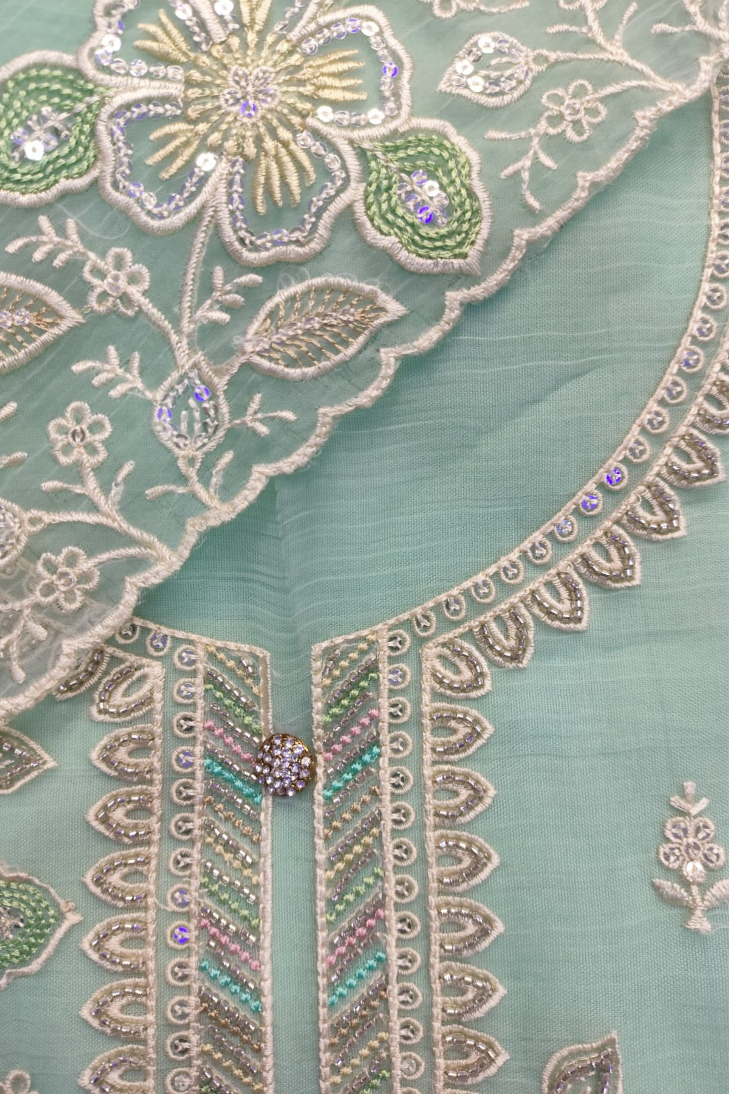 Mint Crushed Organza Suit with Handwork
