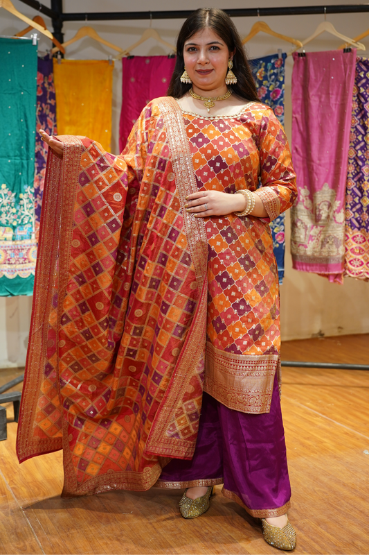 Mrunal Wine Suit Set in Jacquard Silk