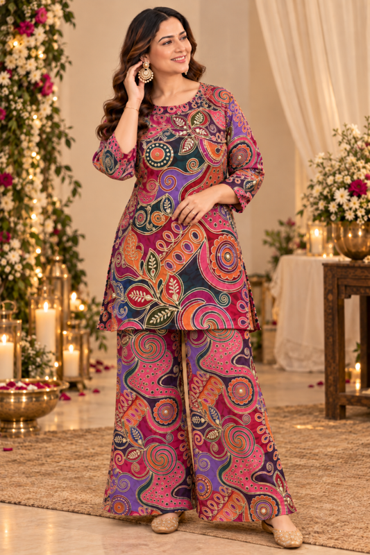 Orchid Sheher Fusion Co-ord Set With Placement Work