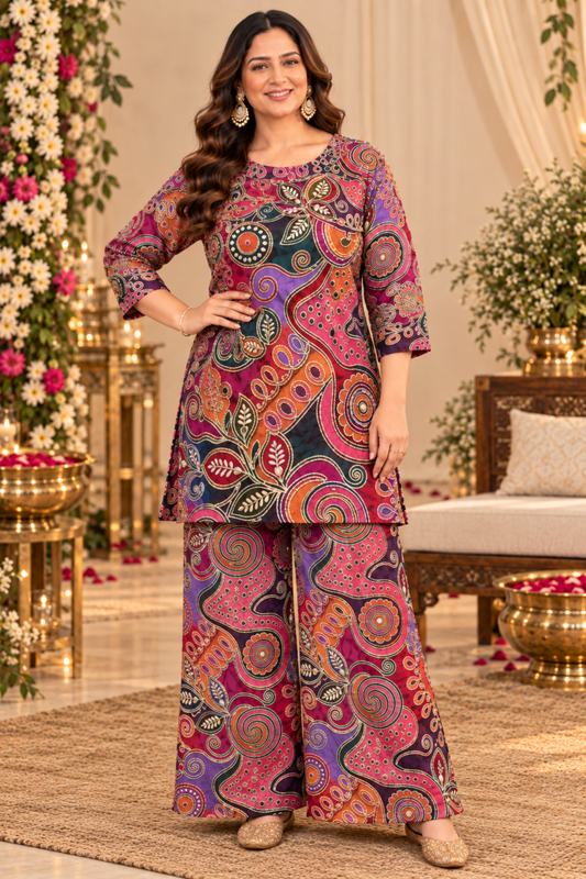 Orchid Sheher Fusion Co-ord Set With Placement Work