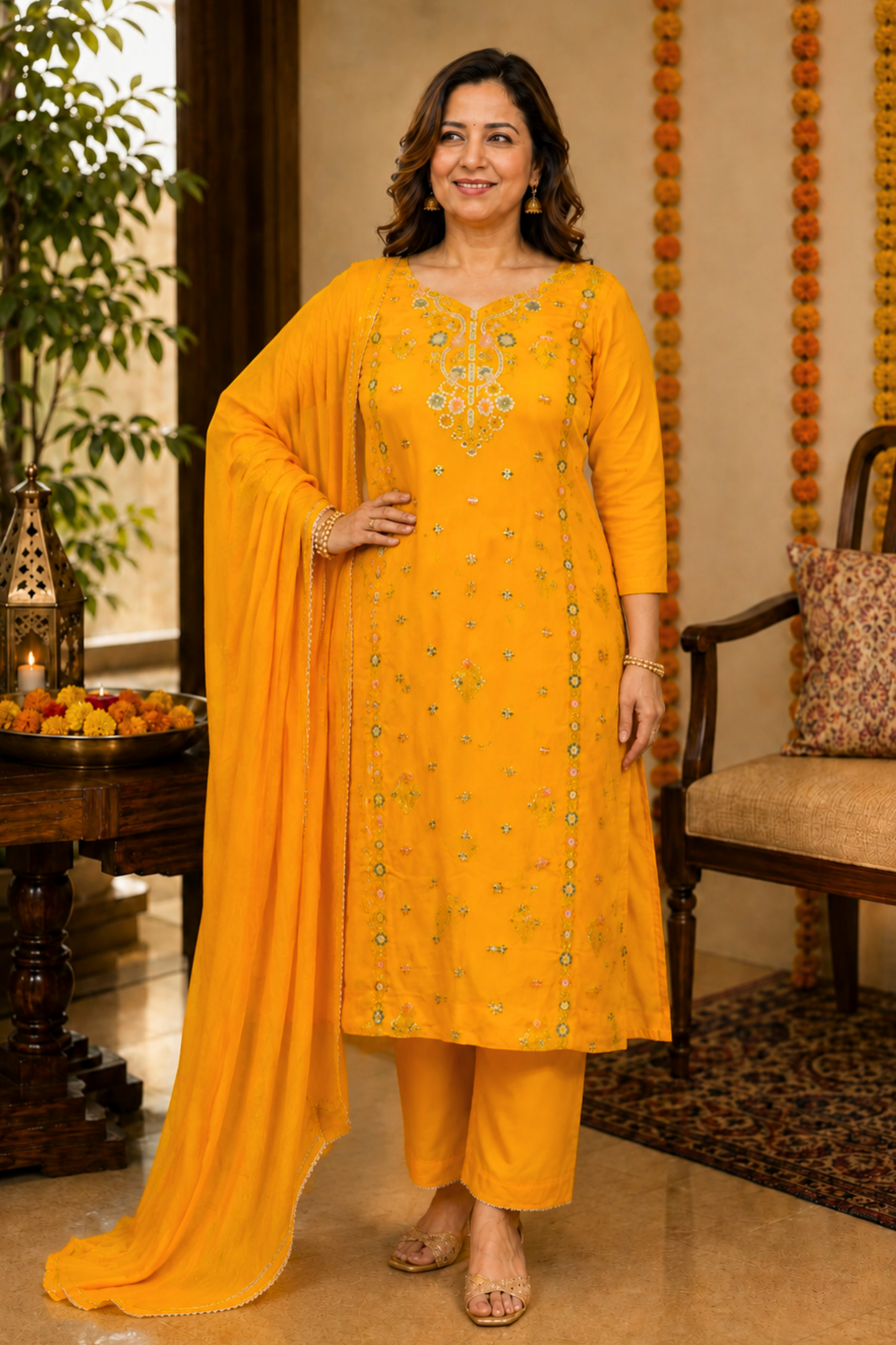 Amaltas Yellow Fancy Chinon Suit