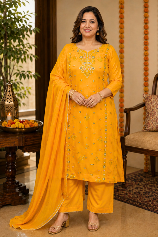 Amaltas Yellow Fancy Chinon Suit