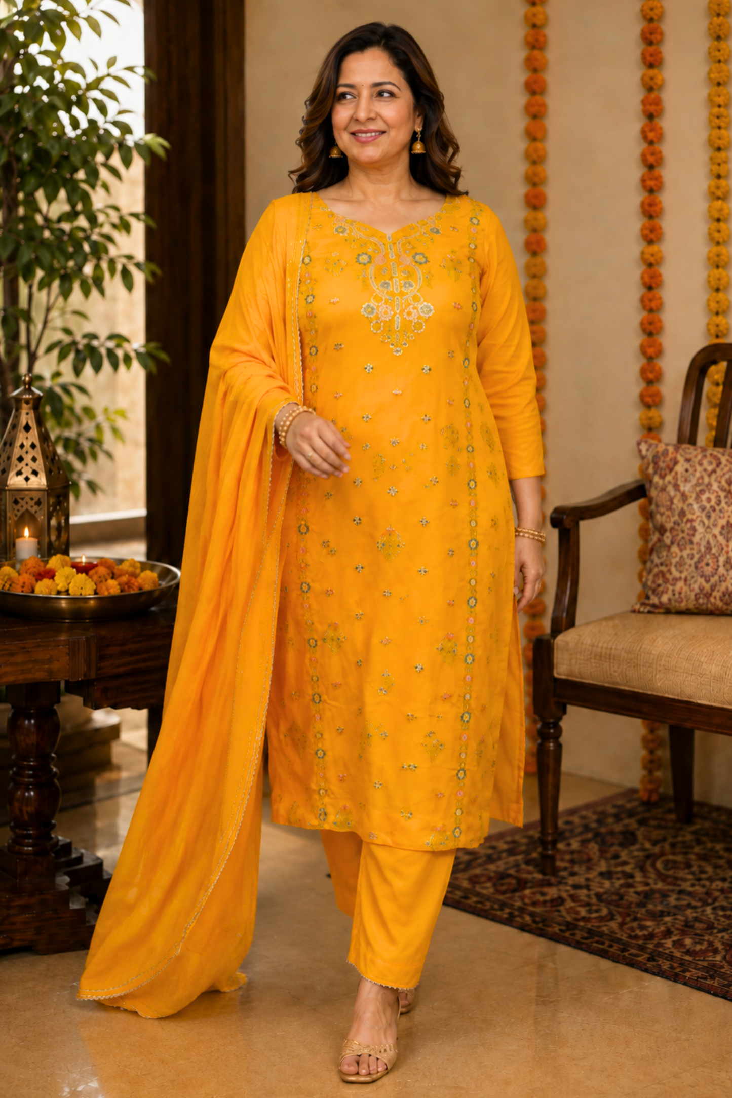 Amaltas Yellow Fancy Chinon Suit
