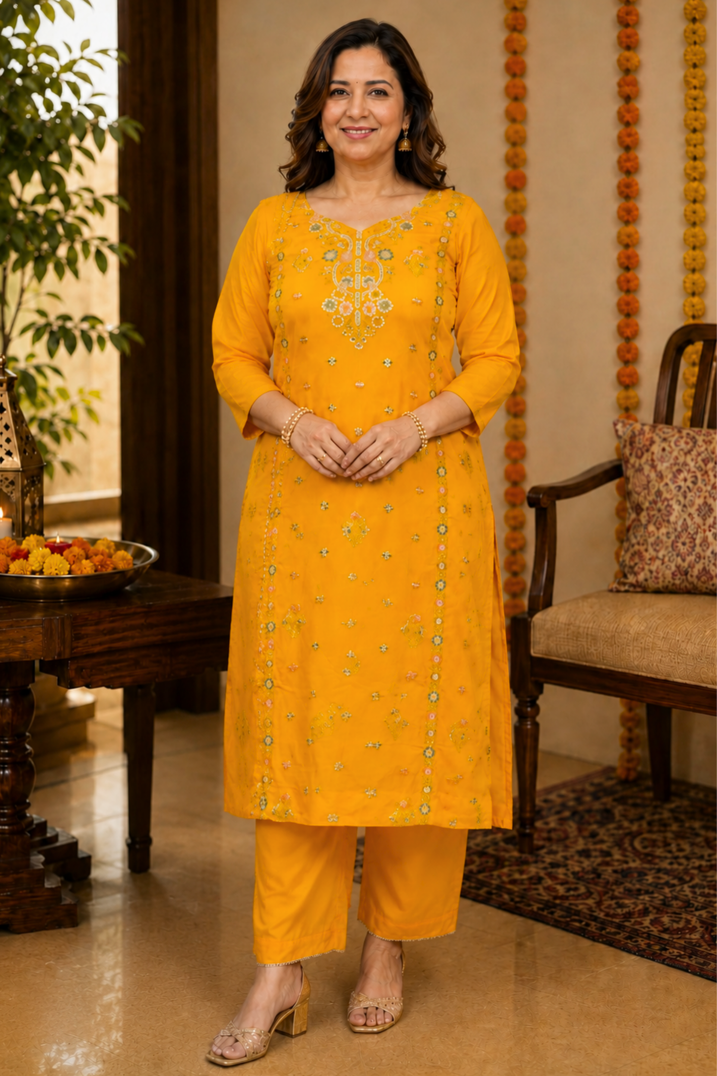 Amaltas Yellow Fancy Chinon Suit