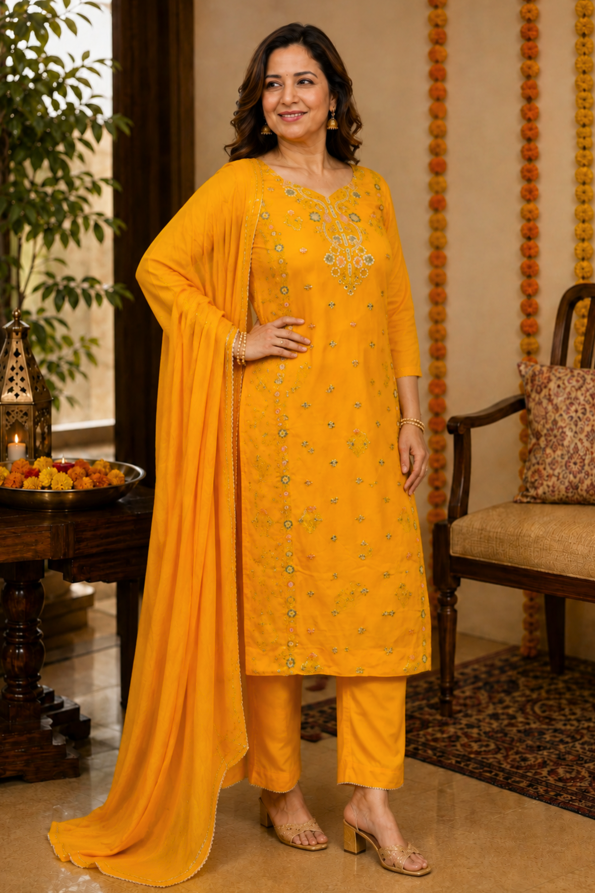 Amaltas Yellow Fancy Chinon Suit