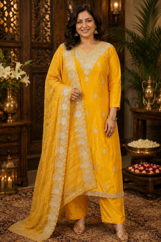Divisha Yellow Suit Set With Zari Embroidery