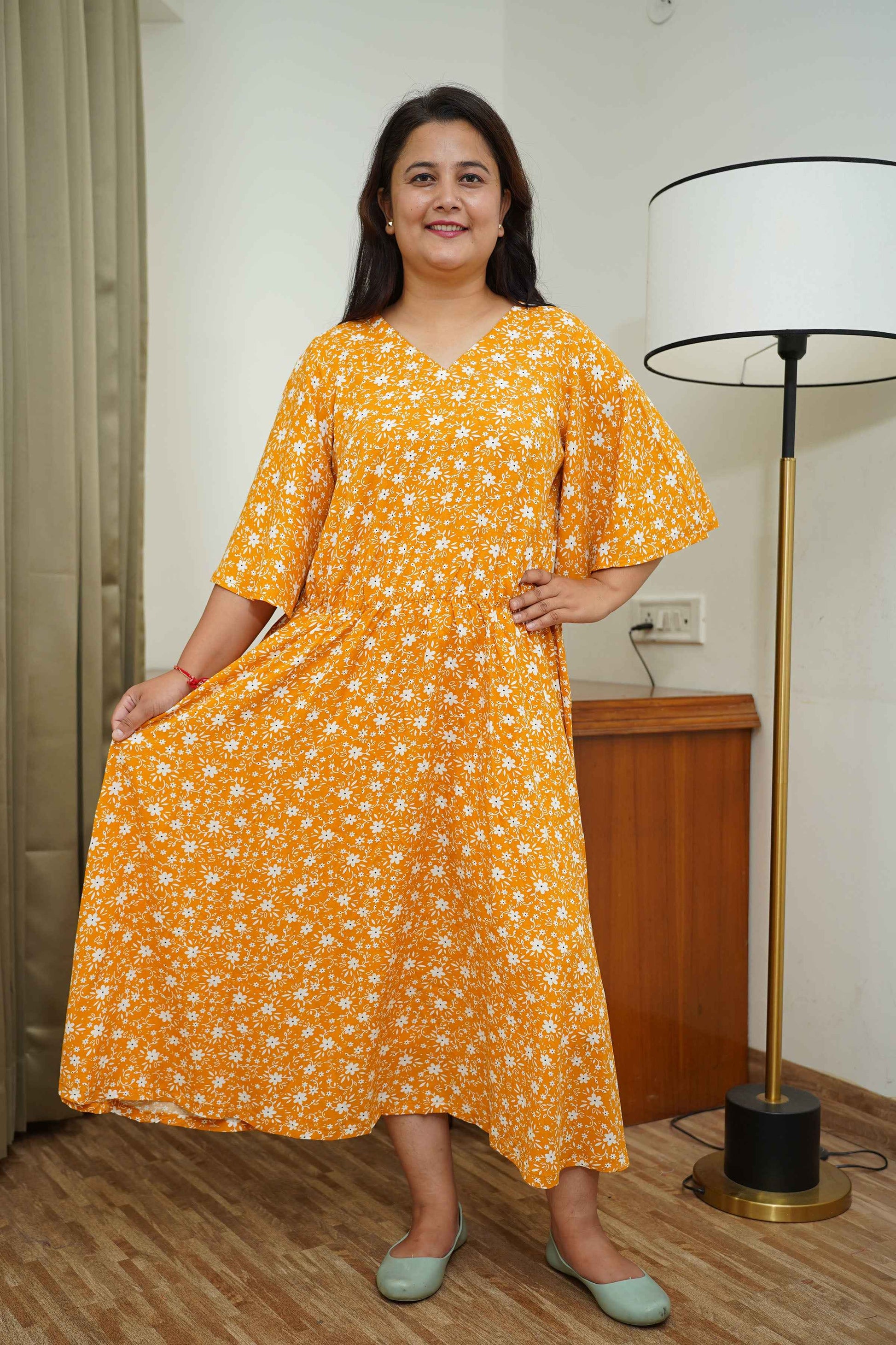 Mustard Floral Rayon Maternity Dress