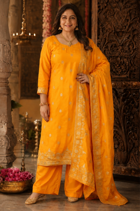 Suvarna Mustard Jacquard Silk Suit