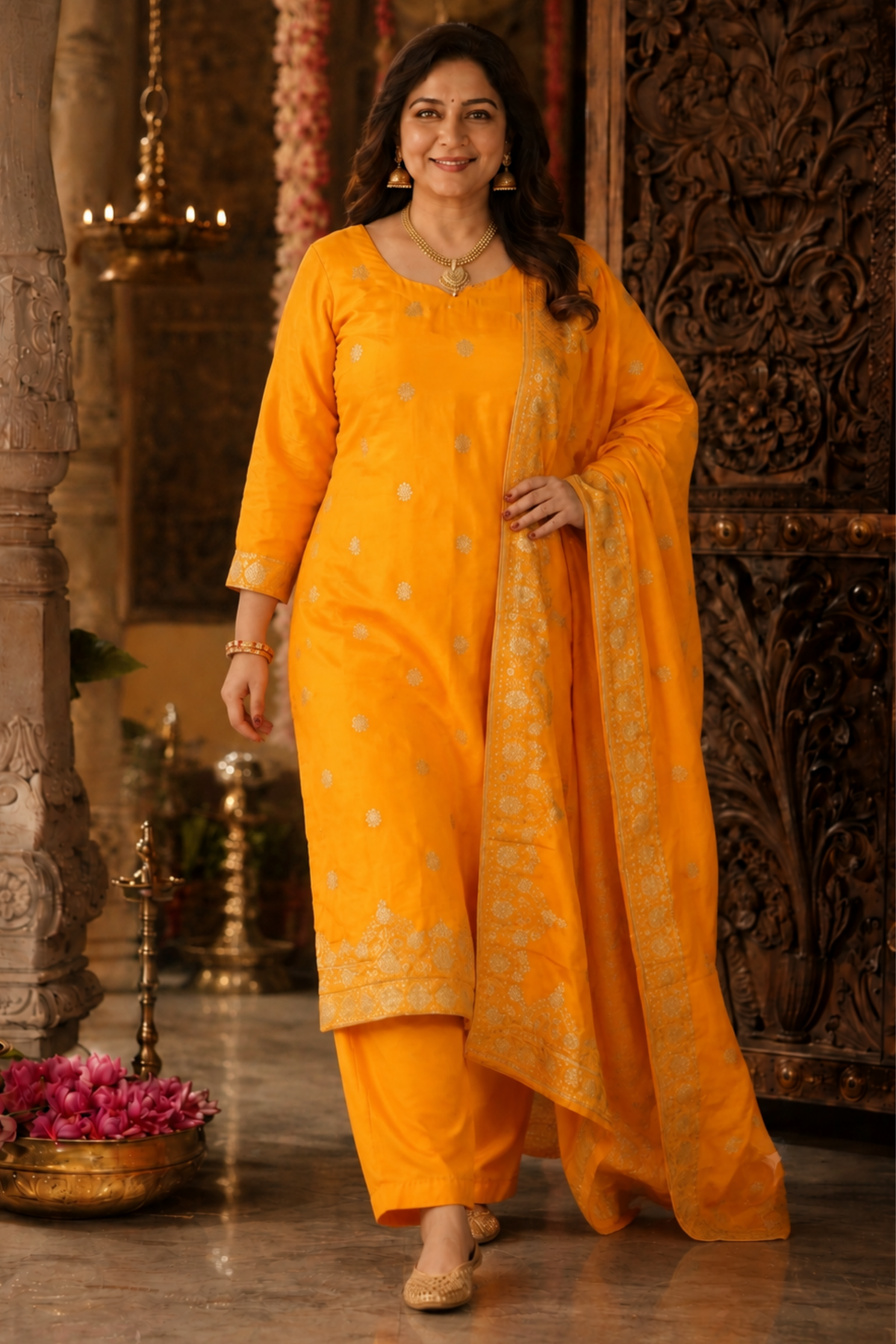 Suvarna Mustard Jacquard Silk Suit
