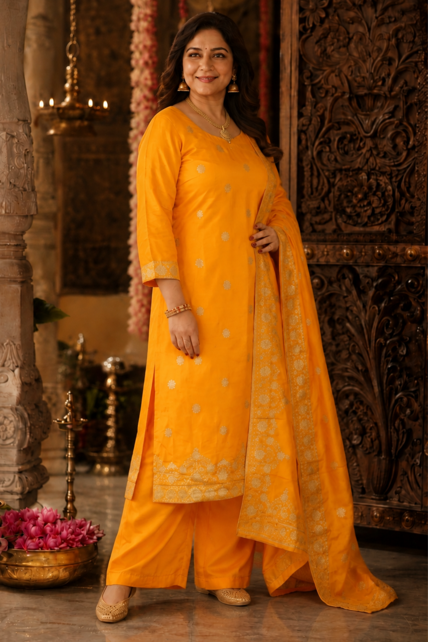 Suvarna Mustard Jacquard Silk Suit