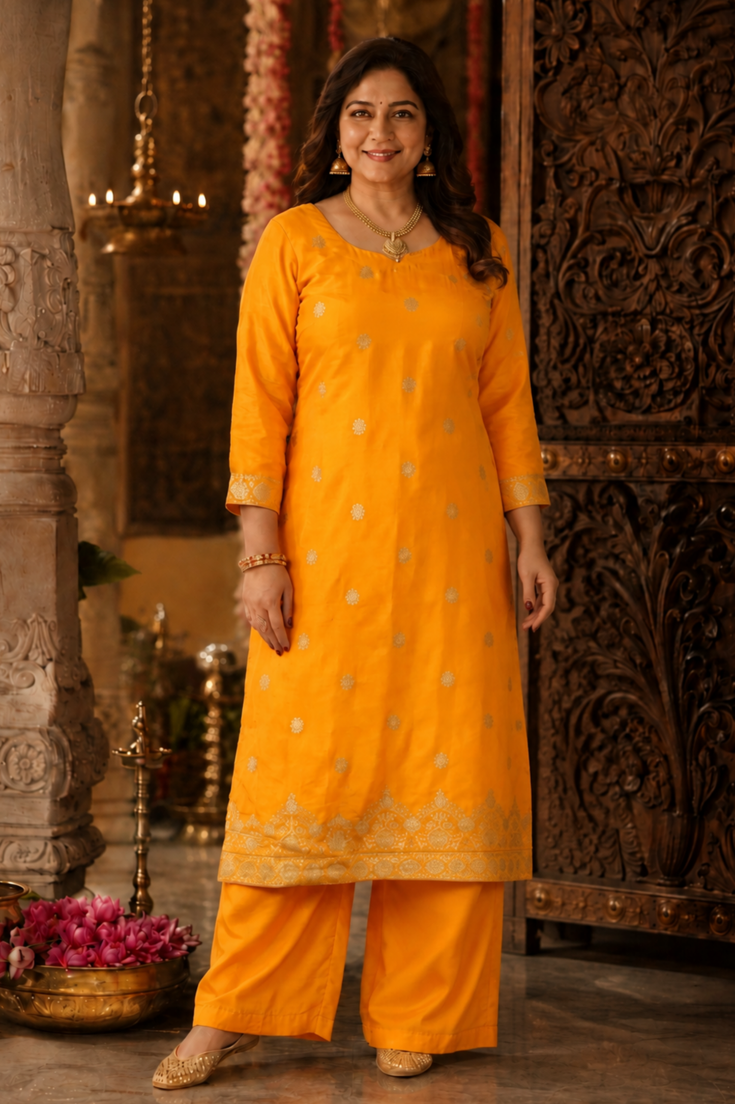 Suvarna Mustard Jacquard Silk Suit