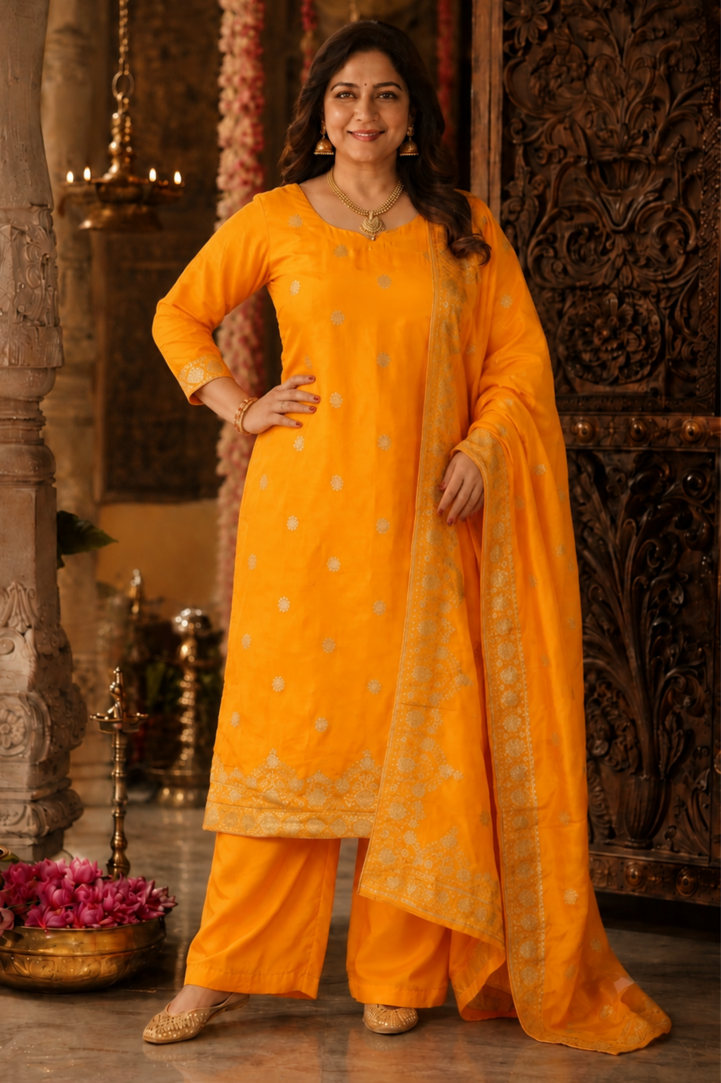 Suvarna Mustard Jacquard Silk Suit