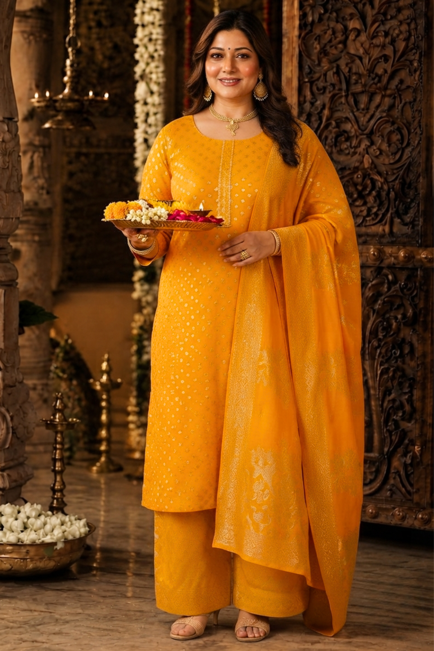 Mustard Gold Jacquard Pant Suit
