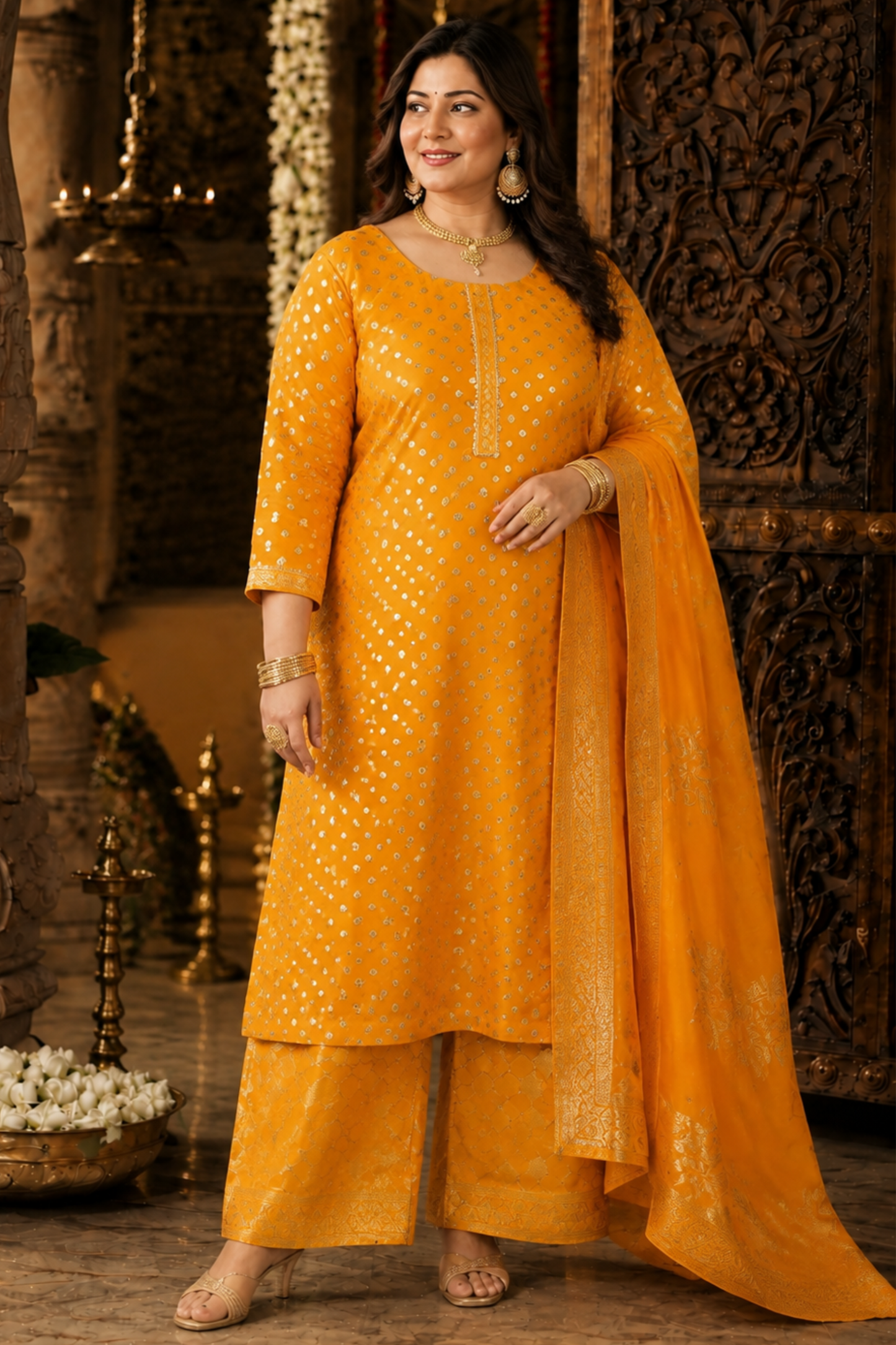 Mustard Gold Jacquard Pant Suit