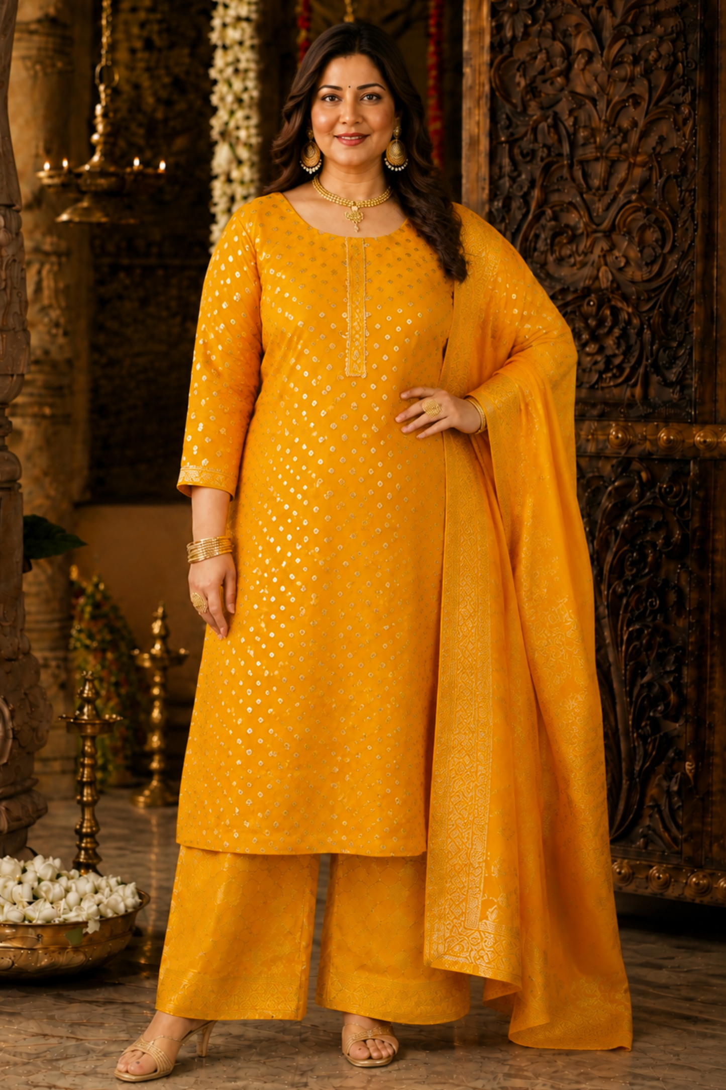 Mustard Gold Jacquard Pant Suit