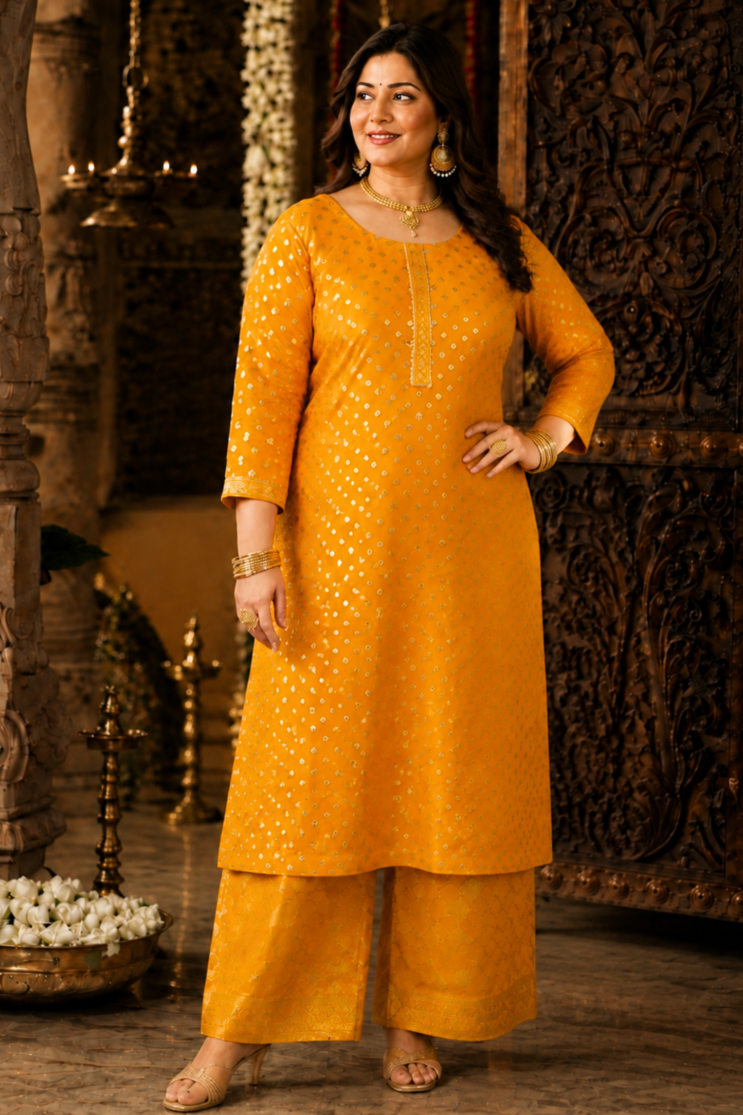 Mustard Gold Jacquard Pant Suit