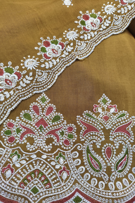 Mustard Muslin Suit with Ivory Thread Work
