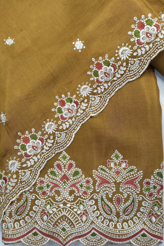 Mustard Muslin Suit with Ivory Thread Work