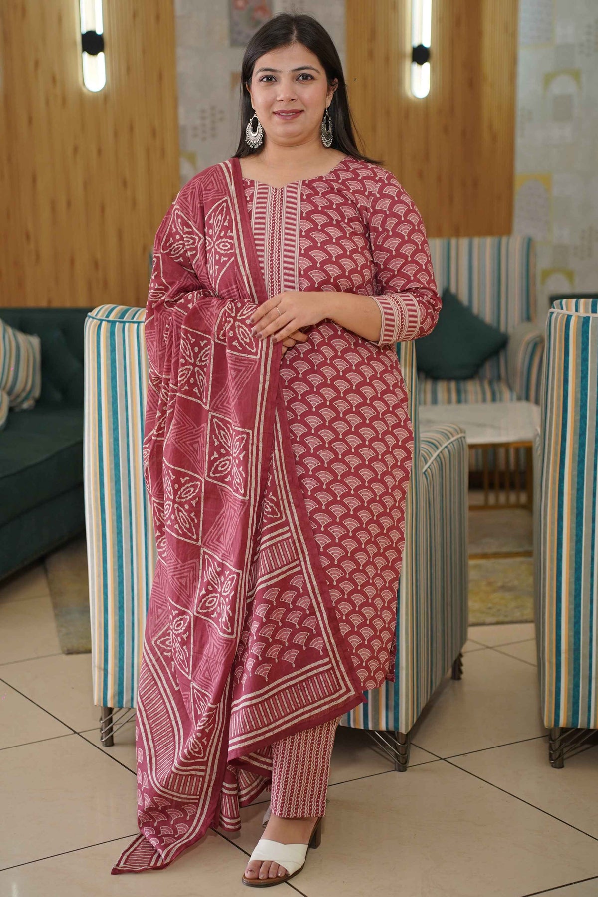 Muted Ruby Block Printed Suit Set