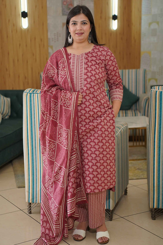 Muted Ruby Block Printed Suit Set