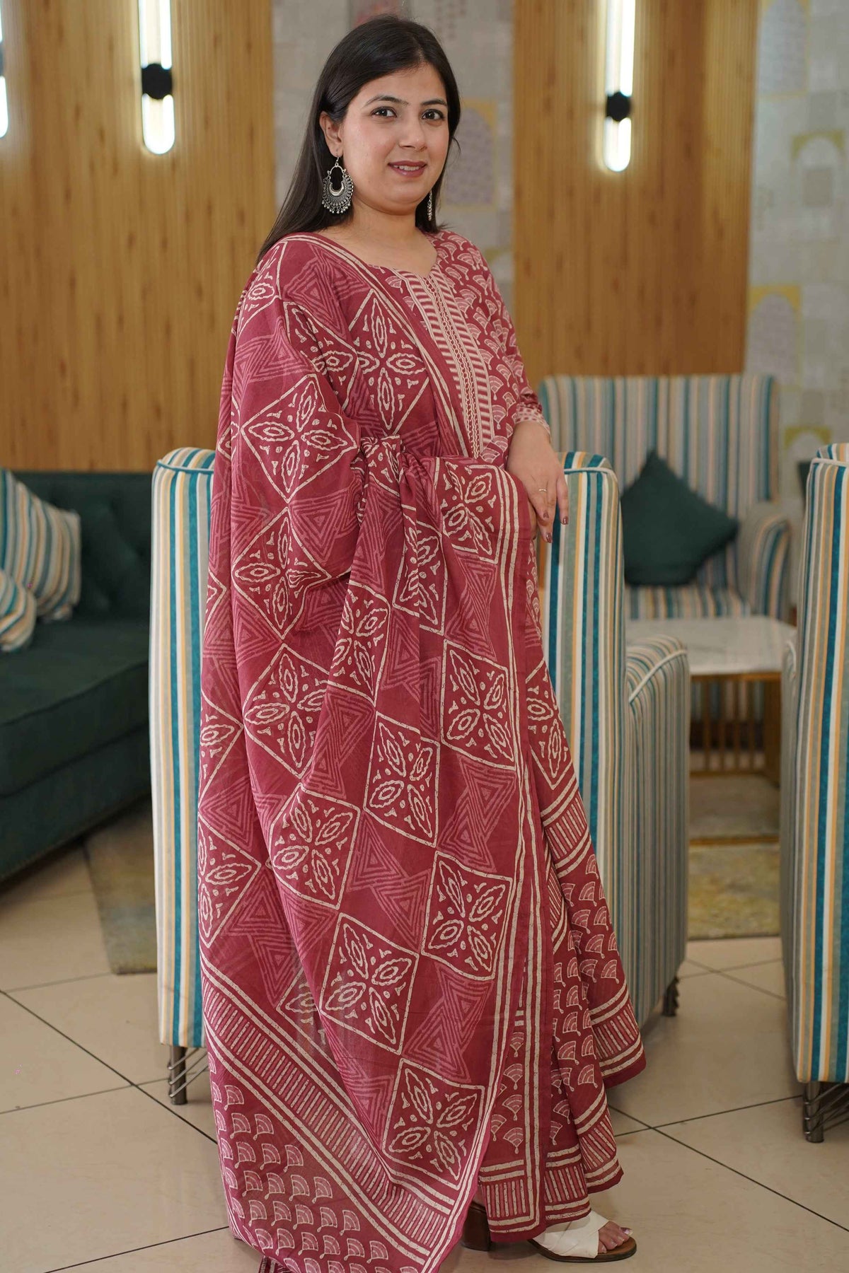 Muted Ruby Block Printed Suit Set