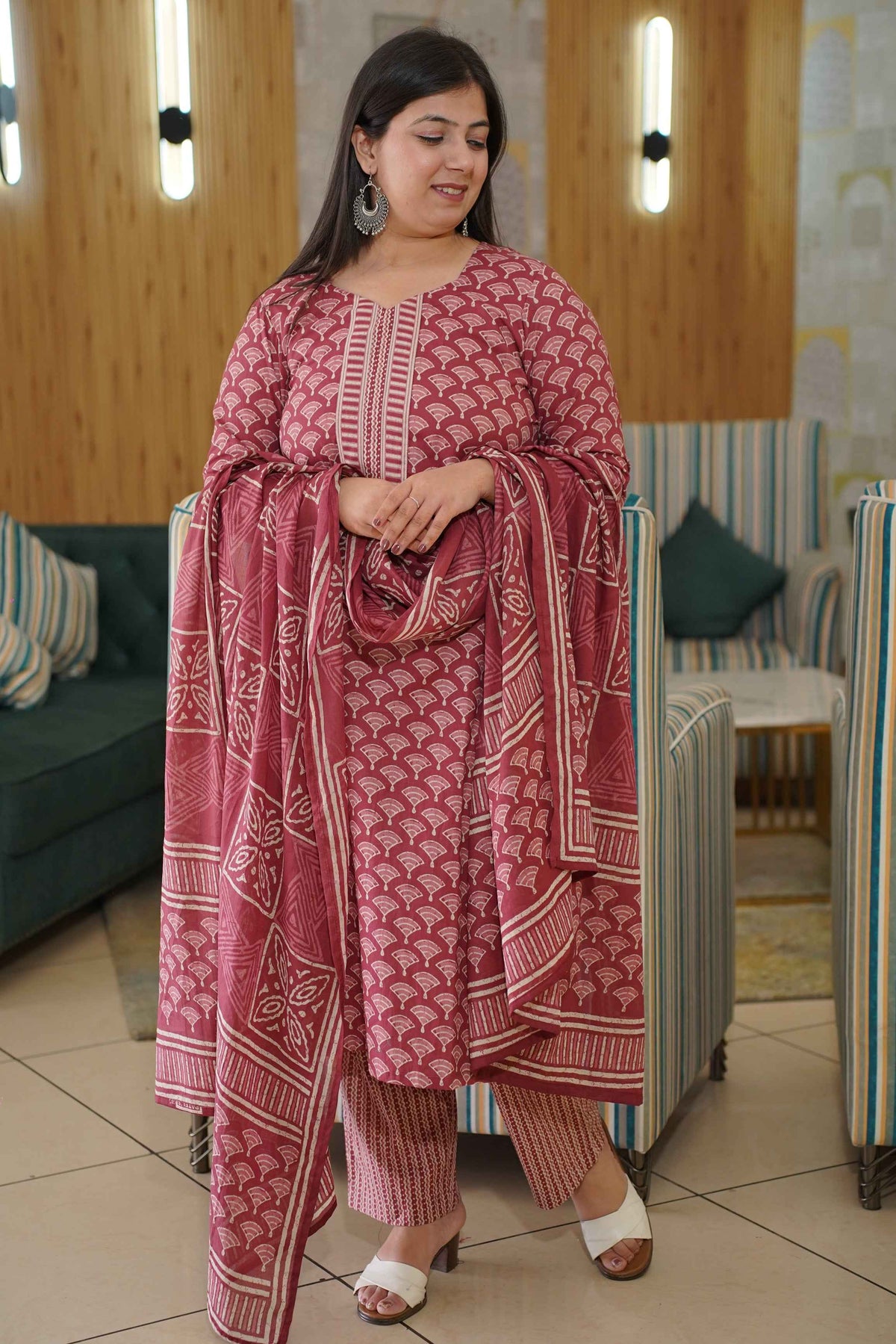 Muted Ruby Block Printed Suit Set