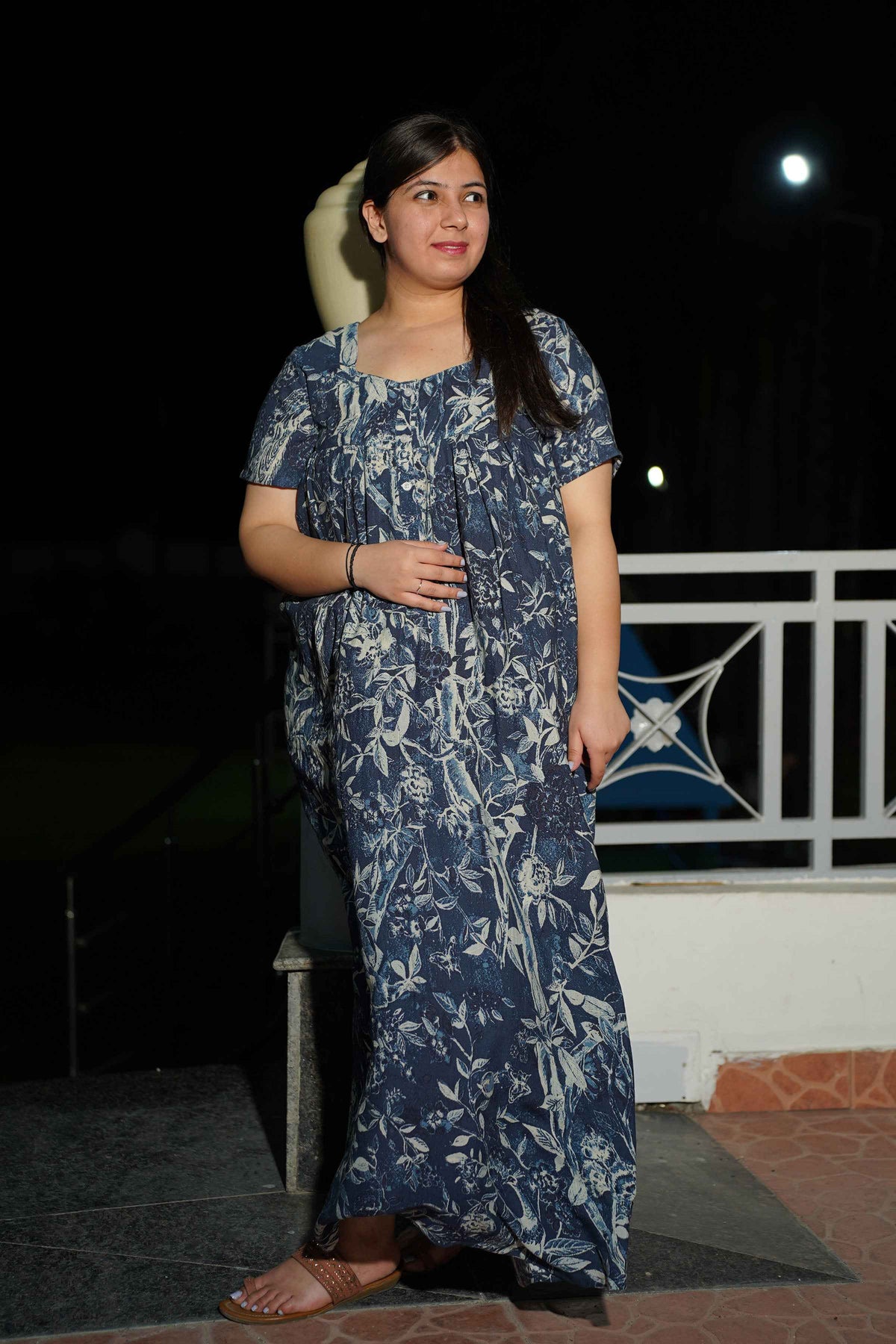 Buy Plus Size ​Midnight Navy Printed Night Gown At Apella | Sizes XS to 10 XL | India | Free Delivery | Customized