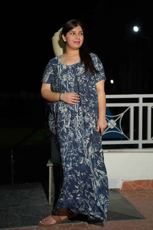 Buy Plus Size ​Midnight Navy Printed Night Gown At Apella | Sizes XS to 10 XL | India | Free Delivery | Customized