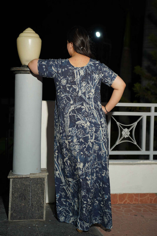 Buy Plus Size ​Midnight Navy Printed Night Gown At Apella | Sizes XS to 10 XL | India | Free Delivery | Customized