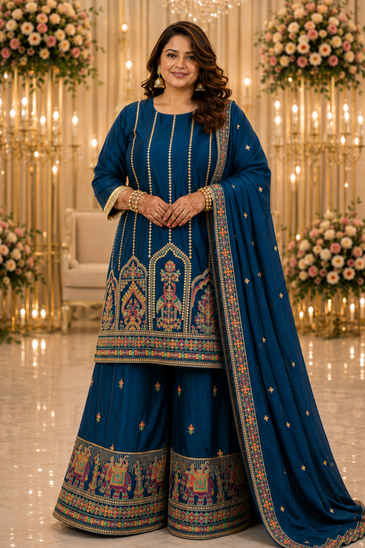 Aariza Blue Zari Embroidered Suit With Flared Pants
