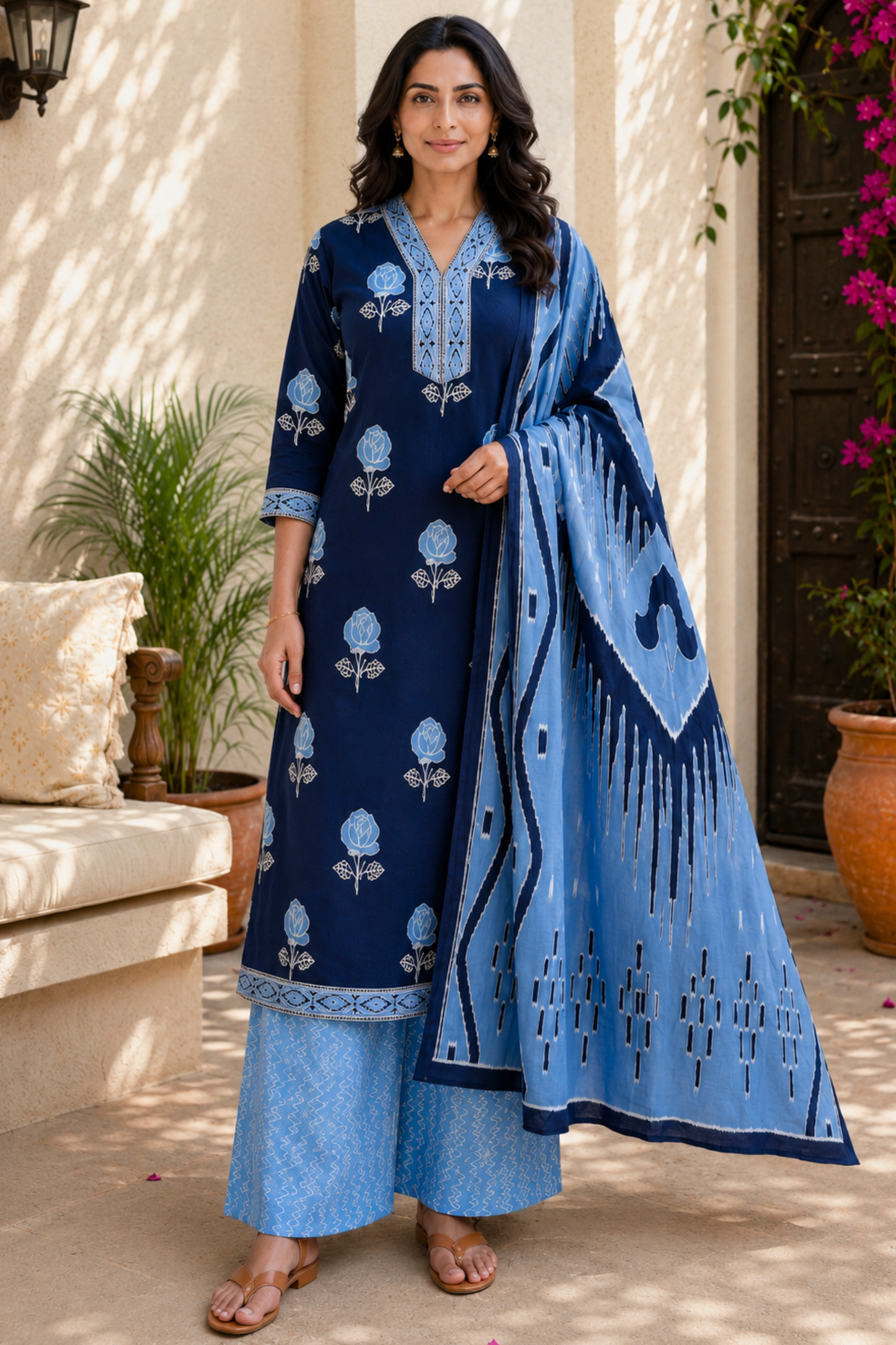 Indigo Poetry Cotton Straight Suit
