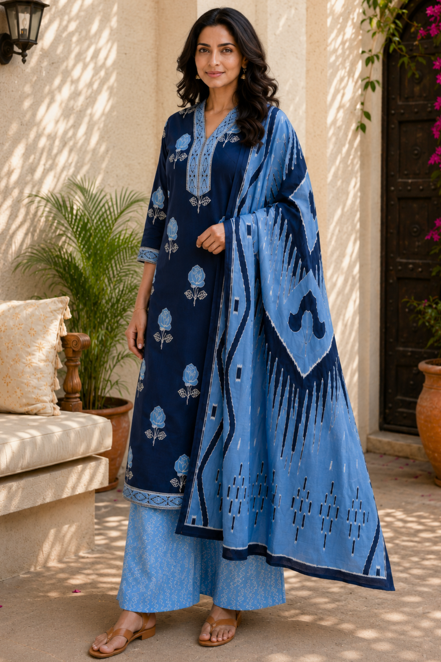 Indigo Poetry Cotton Straight Suit